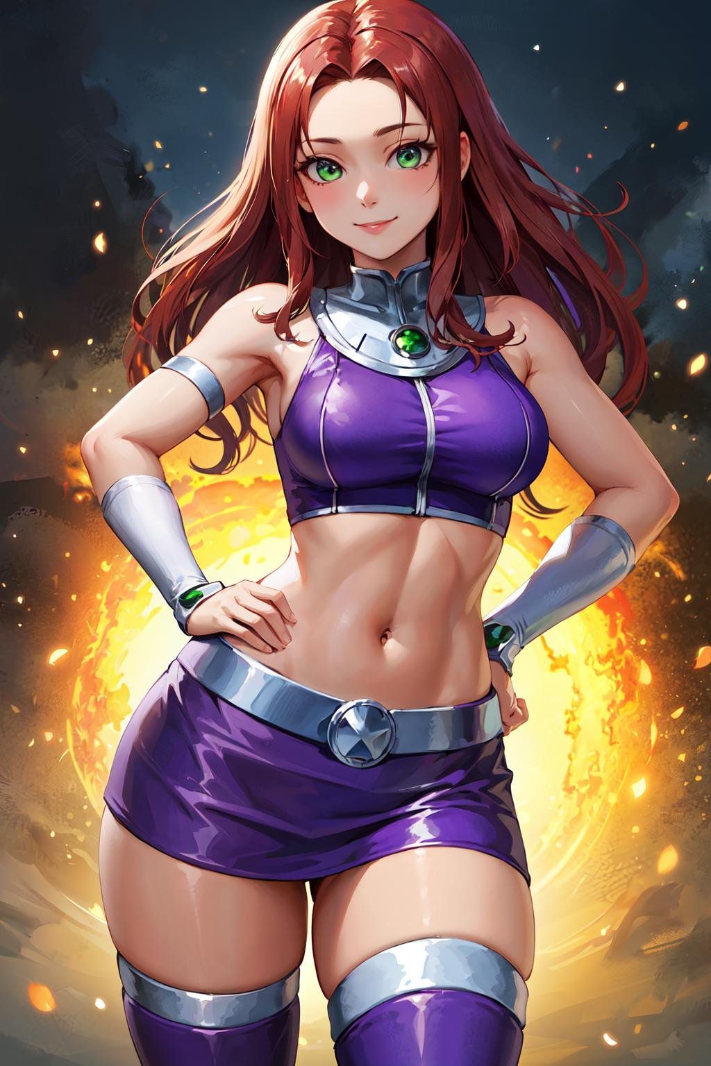 masterpiece, best quality, highres, sf1, midriff, purple skirt, crop top, purple thighhighs, bare shoulders, belt, <lora:starfire_v1:0.6>, cowboy shot, stadning, hand on hip, smile