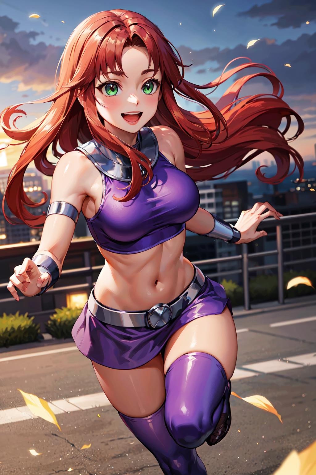 masterpiece, best quality, highres, sf1, midriff, purple skirt, crop top, purple thighhighs, bare shoulders, medium breasts, belt, <lora:starfire_v1:0.6>, luins, running, smile, open mouth, 