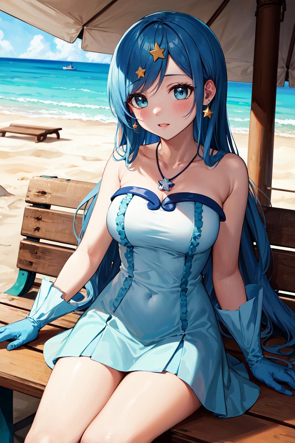 masterpiece, best quality, highres, ho1, blue hair, long hair, gloves, star (symbol), necklace, earrings, star hair ornament, dress,, <lora:houshou_hanon_v1:0.7>, cowboy shot, outdoors, beach, bench, day, sitting,