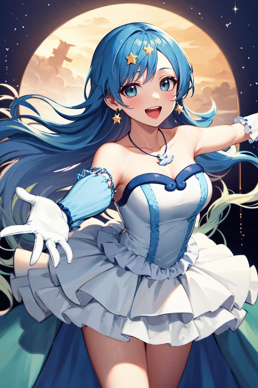 masterpiece, best quality, highres, ho1, blue hair, long hair, gloves, star (symbol), necklace, earrings, star hair ornament, dress, <lora:houshou_hanon_v1:0.7>, cowboy shot, standing, stage, open mouth, smile, reaching out, outstretched arms,