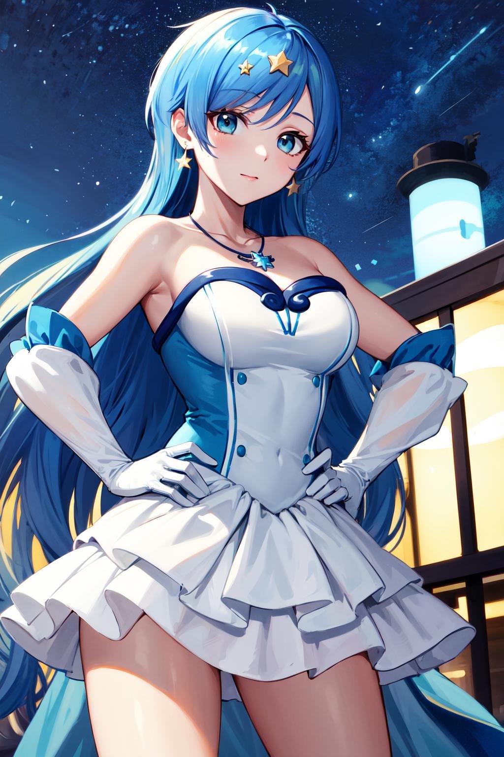 masterpiece, best quality, highres, ho1, blue hair, long hair, gloves, star (symbol), necklace, earrings, star hair ornament, dress, <lora:houshou_hanon_v1:0.7>, cowboy shot, standing, street, hand on hip,