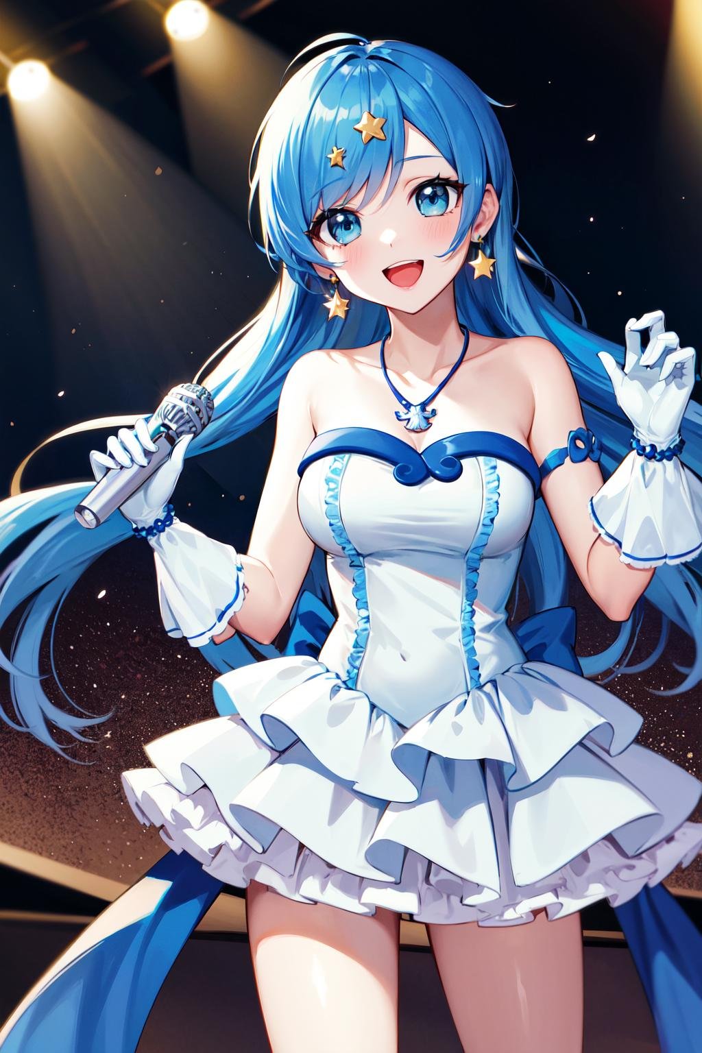 masterpiece, best quality, highres, ho1, blue hair, long hair, gloves, star (symbol), necklace, earrings, star hair ornament, dress, <lora:houshou_hanon_v1:0.7>, cowboy shot, standing, stage, holding microphone, open mouth, smile,