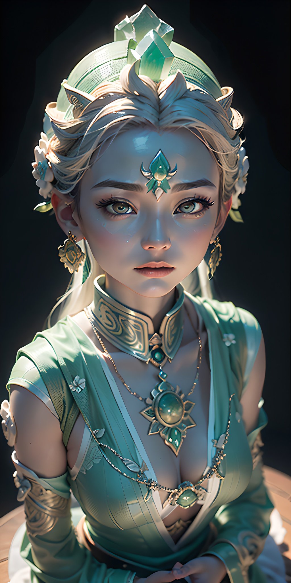 Best quality, masterpiece, photography, details, super details, octane rendering, contrast between light and dark,jade carving, jade carved girl, (open eyes:2), solo, full body, dynamic posture, (meditation) features, carefully carved face, behind a huge illusion