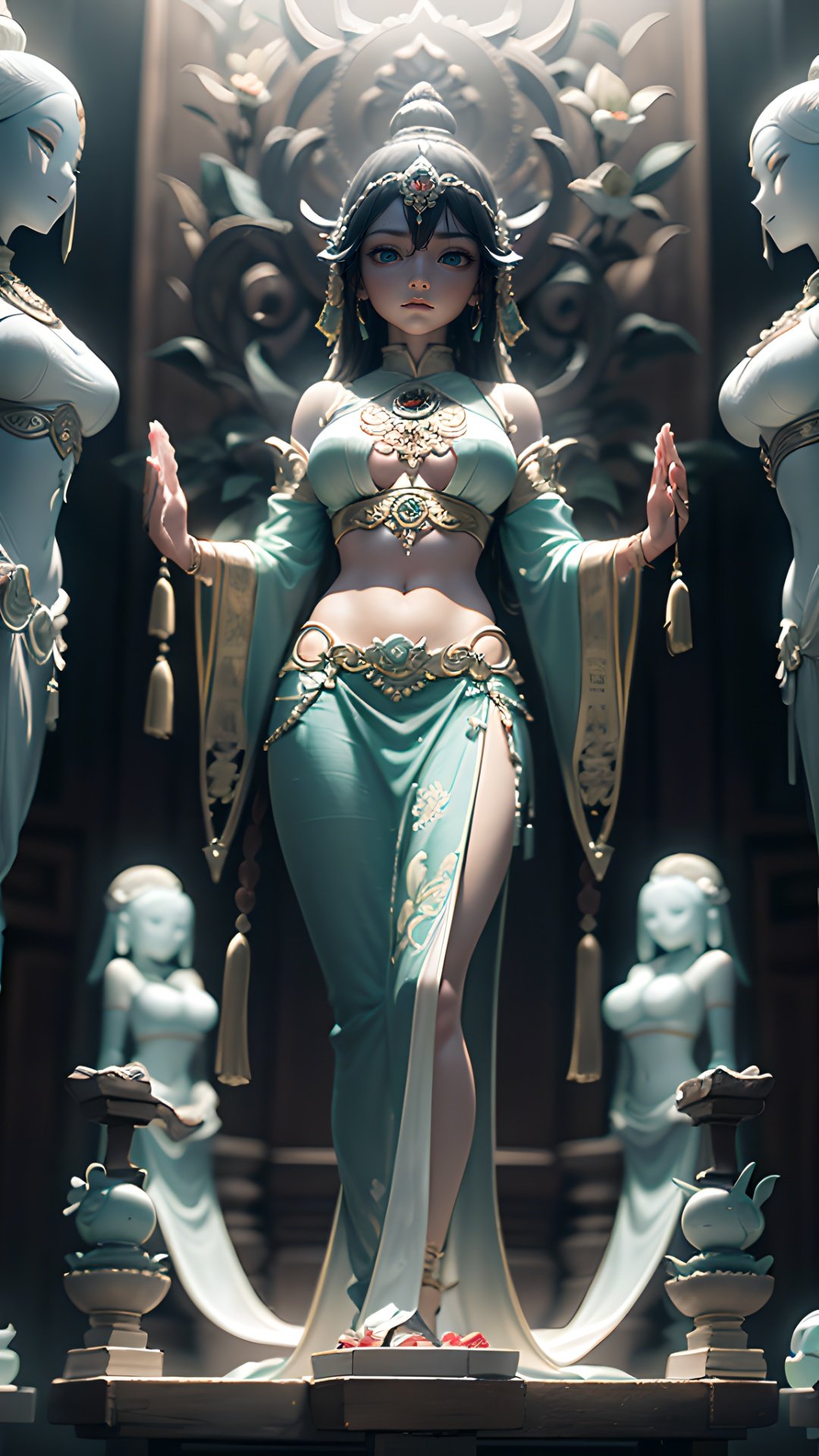 Best quality, masterpiece, photography, details, super details, octane rendering, contrast between light and dark,jade carving, jade carved girl, open eyes, solo, full body, dynamic posture, (meditation) features, carefully carved face, behind a huge illusion