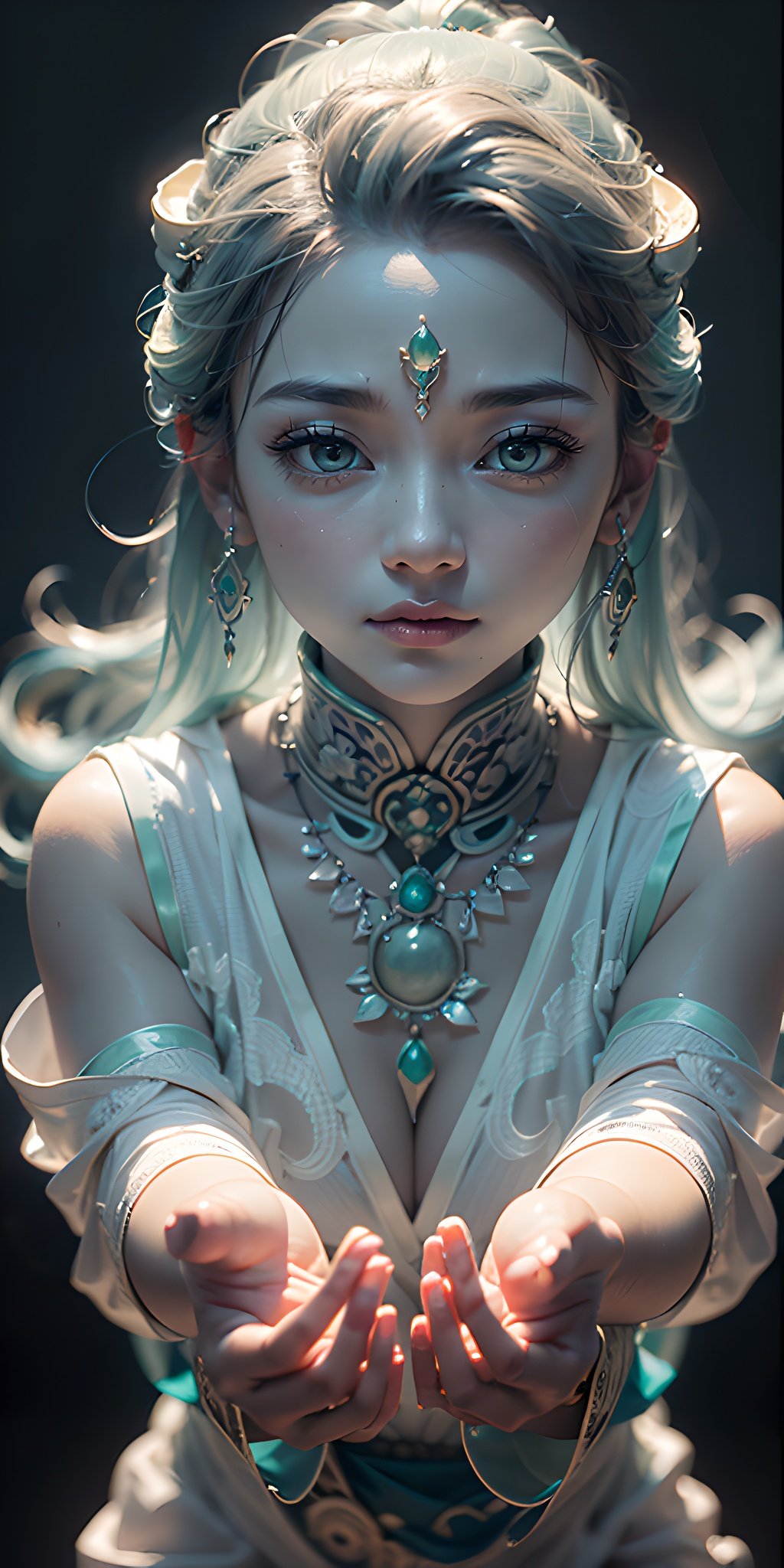 Best quality, masterpiece, photography, details, super details, octane rendering, contrast between light and dark,jade carving, jade carved girl, (open eyes:2), solo, full body, dynamic posture, (meditation) features, carefully carved face, behind a huge illusion