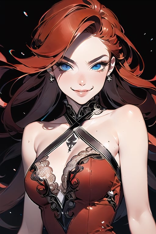 masterpiece, {best quality},beautiful detailed eyes, finely detailed, {red hair},prom dress,smirk,kawacy,illustration,line art
