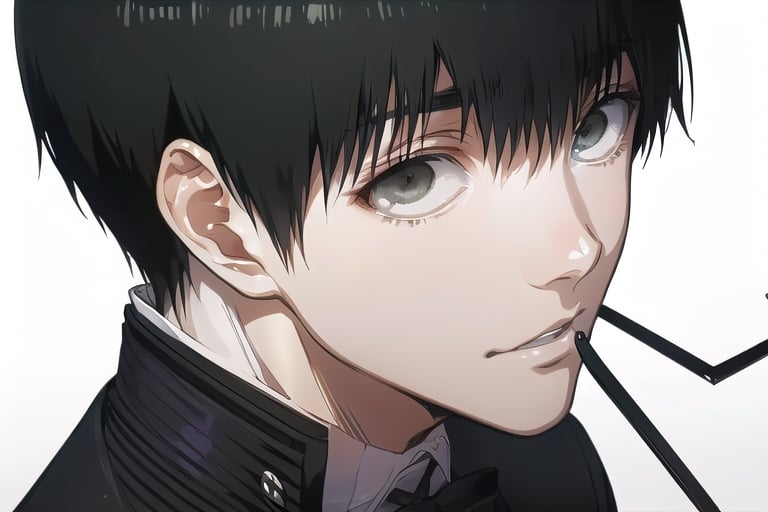 masterpiece, {best quality,detailed face,detailed eyes,detailed body parts},beautiful detailed eyes, finely detailed, {short black hair},1boy,kaneki_ken,tokyo_ghoul,tokyo_ghoul anime,kawacy,illustration,line art,kawacy