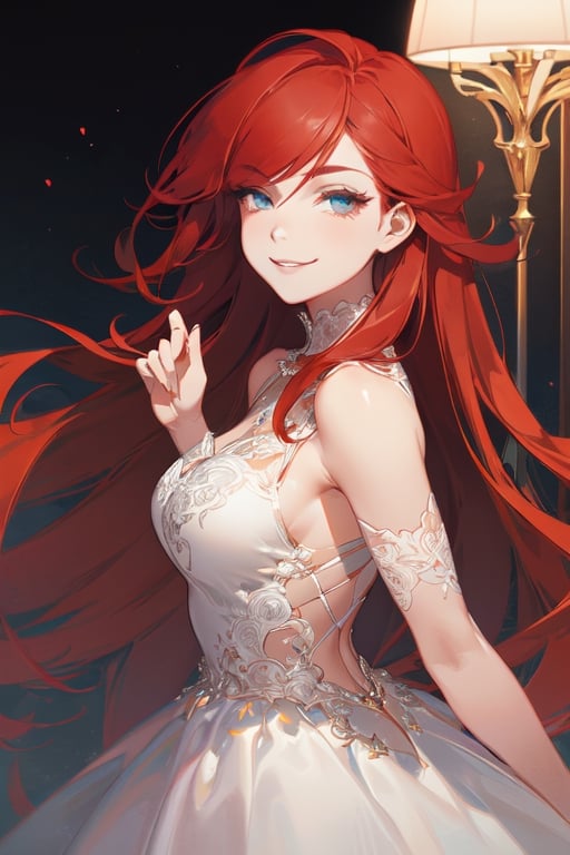 masterpiece, {best quality},beautiful detailed eyes, finely detailed, {red hair},prom dress,smirk,kawacy,mature_female,illustration,line art
