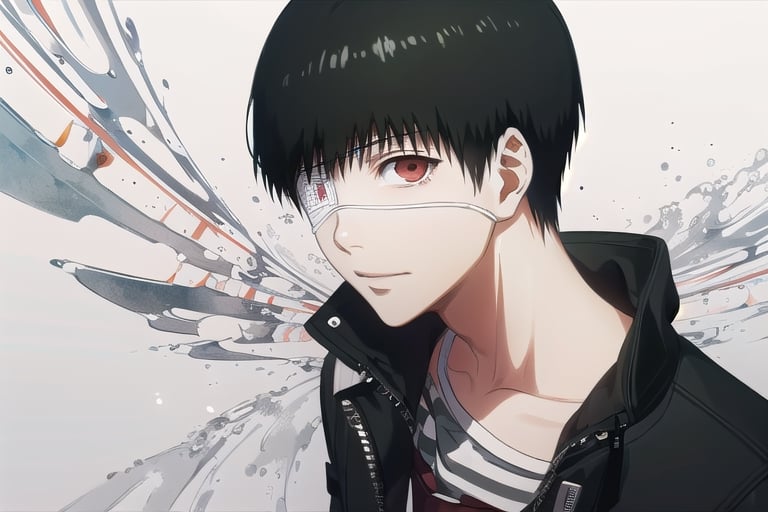 masterpiece, {best quality,detailed face,detailed eyes,detailed body parts},beautiful detailed eyes, finely detailed, {short black hair},1boy,kaneki_ken,red_eyes,eye_patch,tokyo_ghoul,tokyo_ghoul anime,kawacy,illustration,line art,kawacy,ken_kaneki