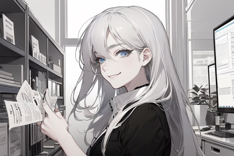 masterpiece, {best quality,detailed face,detailed eyes,detailed body parts},beautiful detailed eyes, finely detailed, {long beautiful hair},office_lady outfit,smirk,kawacy,mature_female,solo_female,illustration,line art,kawacy,detailed office background,beautiful office scenery
