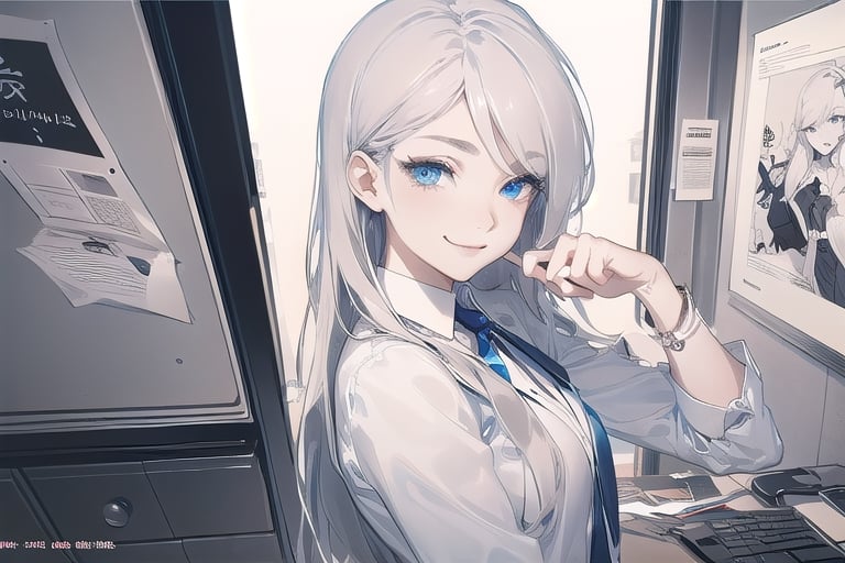 masterpiece, {best quality,detailed face,detailed eyes,detailed body parts},beautiful detailed eyes, finely detailed, {long beautiful hair},office_lady outfit,smirk,kawacy,mature_female,solo_female,illustration,line art,kawacy,detailed office background,beautiful office scenery
