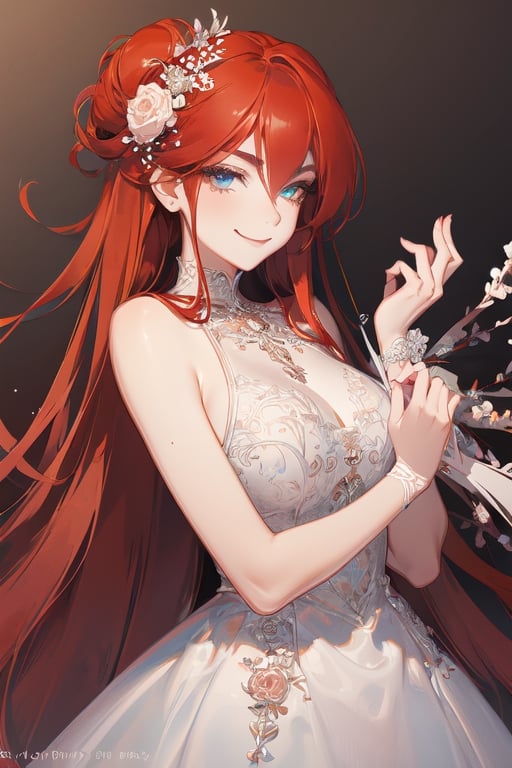 masterpiece, {best quality},beautiful detailed eyes, finely detailed, {red hair},prom dress,smirk,kawacy,mature_female,illustration,line art
