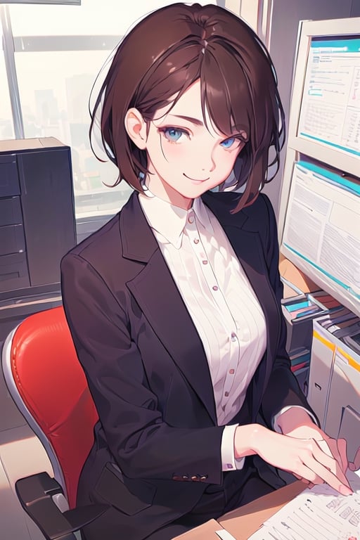 masterpiece, {best quality},beautiful detailed eyes, finely detailed, {short brown hair},office_lady outfit,smirk,kawacy,mature_female,illustration,line art
