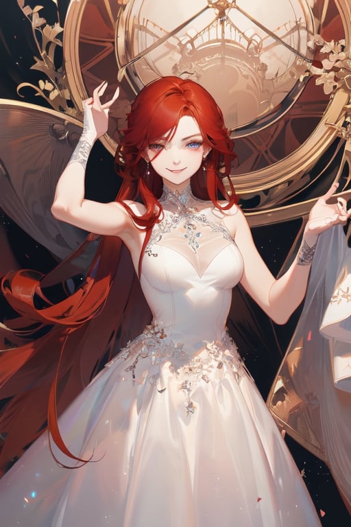 masterpiece, {best quality},beautiful detailed eyes, finely detailed, {red hair},prom dress,smirk,kawacy,mature_female,illustration,line art
