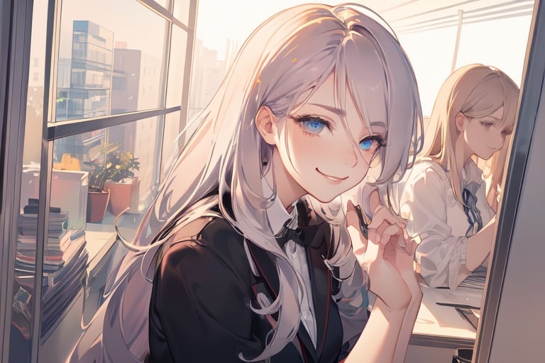 masterpiece, {best quality,detailed face,detailed eyes,detailed body parts},beautiful detailed eyes, finely detailed, {long beautiful hair},office_lady outfit,smirk,kawacy,mature_female,solo_female,illustration,line art,kawacy,detailed office background,beautiful office scenery
