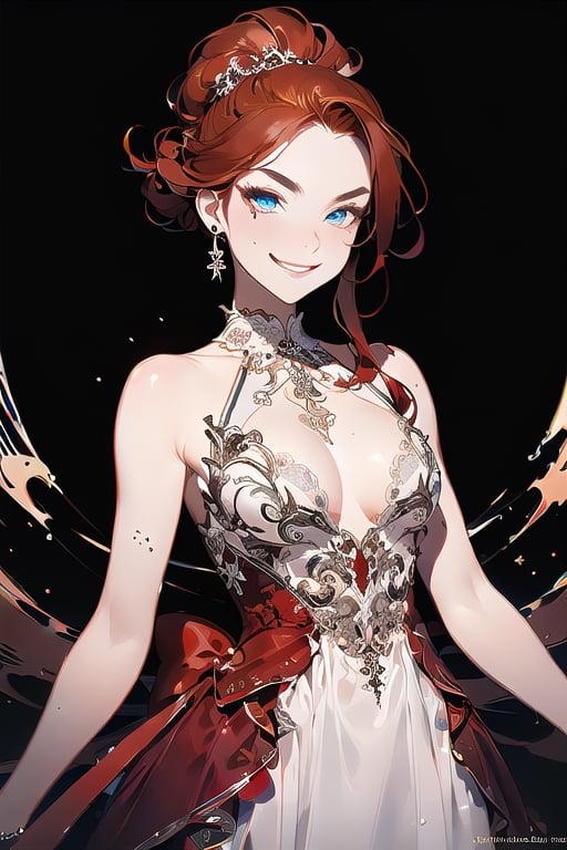 masterpiece, {best quality},beautiful detailed eyes, finely detailed, {red hair},prom dress,smirk,kawacy,illustration,line art
