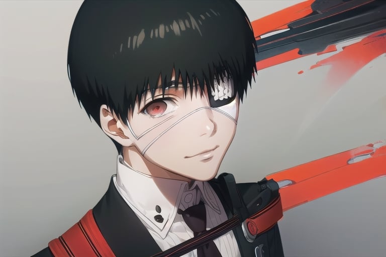 masterpiece, {best quality,detailed face,detailed eyes,detailed body parts},beautiful detailed eyes, finely detailed, {short black hair},1boy,kaneki_ken,red_eyes,eye_patch,tokyo_ghoul,tokyo_ghoul anime,kawacy,illustration,line art,kawacy