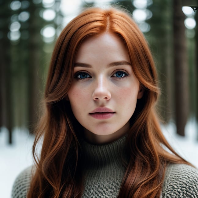 close up of a european woman, ginger hair, winter forest, natural skin texture, 24mm, 4k textures, soft cinematic light, RAW photo, photorealism, photorealistic, intricate, elegant, highly detailed, sharp focus, ((((cinematic look)))), soothing tones, insane details, intricate details, hyperdetailed, low contrast, soft cinematic light, dim colors, exposure blend, hdr, faded