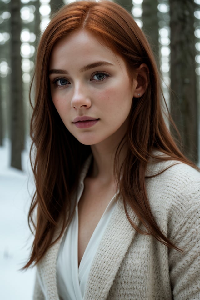 close up of a european woman, ginger hair, winter forest, natural skin texture, 24mm, 4k textures, soft cinematic light, RAW photo, photorealism, photorealistic, intricate, elegant, highly detailed, sharp focus, ((((cinematic look)))), soothing tones, insane details, intricate details, hyperdetailed, low contrast, soft cinematic light, dim colors, exposure blend, hdr, faded