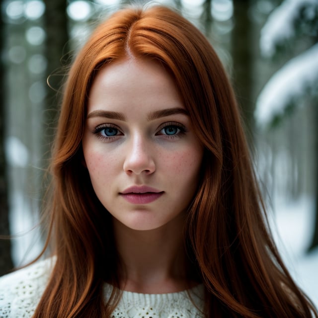 close up of a european woman, ginger hair, winter forest, natural skin texture, 24mm, 4k textures, soft cinematic light, RAW photo, photorealism, photorealistic, intricate, elegant, highly detailed, sharp focus, ((((cinematic look)))), soothing tones, insane details, intricate details, hyperdetailed, low contrast, soft cinematic light, dim colors, exposure blend, hdr, faded