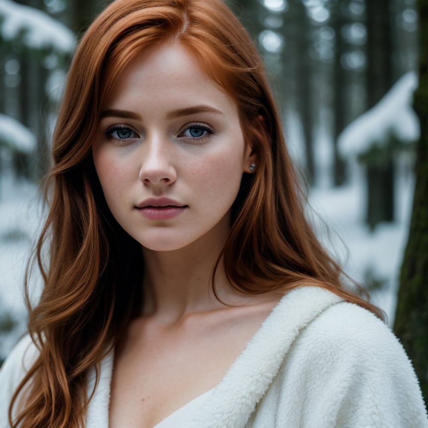 close up of a european woman, ginger hair, winter forest, natural skin texture, 24mm, 4k textures, soft cinematic light, RAW photo, photorealism, photorealistic, intricate, elegant, highly detailed, sharp focus, ((((cinematic look)))), soothing tones, insane details, intricate details, hyperdetailed, low contrast, soft cinematic light, dim colors, exposure blend, hdr, faded