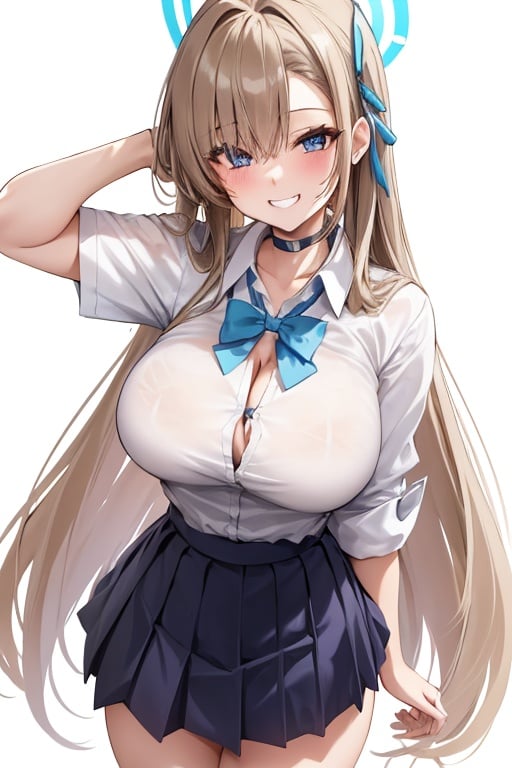 asuna ba, bow, looking at viewer, ribbon, long hair, thighs, collared shirt, light brown hair, mole on breast, smile, wrist scrunchie, huge breasts, leaning forward, hair ribbon, hair over one eye, pleated skirt, white shirt, halo, very long hair, solo, blue eyes, 1girl, shirt, blush, bowtie, choker, white background, skirt, simple background, school uniform, cleavage, grin, <lora:asuna_ba:1>