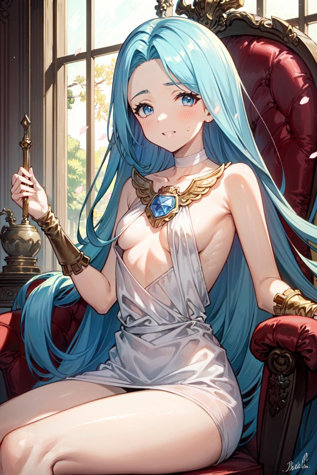 (masterpiece, best quality:1.5), <lyco:Lyria-v2-000008:1.0>, Lyria, blue hair, long hair, blue eyes, looking at viewer, The queen sits on her throne in the throne room of the castle. She has a very narrow waist, and a large breast in her chest. There is a blade in her shoulder, and it is almost as though she is about to thrust it into the stone. Jessica Frank, Dylan Cole, and Vincent van Gogh, Barret Frymire, Dan Volbert, Hieronymous Bosch, Ed Repka, Pablo Picasso, Greg Hildebrandt, Alex Horley, and Mark Brooks, with sharp focus, golden hour, dreamy ethereal lights, neo-primitivism, golden ratio, art nouveau, Bauhaus classicism, cherry blossoms, pink and gold, german romanticism, tarot, (small breasts, naughty face:1.4), 