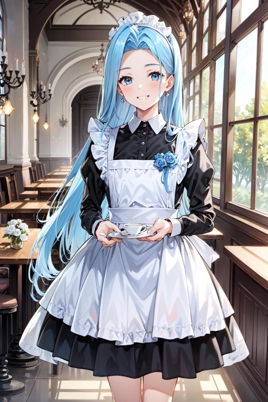 (masterpiece, best quality:1.5), <lyco:Lyria-v2-000008:1.0>, Lyria, blue hair, long hair, blue eyes, looking at viewer, cowboy shot, <lora:TraditionalMaid:0.6>, traditional maid, smirk, cafe, indoors, (fantasy:1.2), 