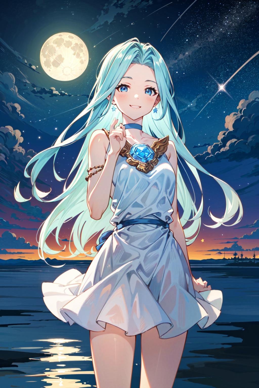 (masterpiece, best quality:1.5), <lyco:Lyria-v2-000008:1.0>, Lyria, blue hair, long hair, blue eyes, looking at viewer, cowboy shot, Lyriadress, (seductive smile:1.2), A pretty girl standing on a lake on a beautiful night with a star-filled sky. Ilya Kuvshinov. anime. professional digital art. trending on artstation. Amazing textured brush strokes. Cinematic dramatic soft volumetric studio lighting, (starry sky, full moon:1.2), 