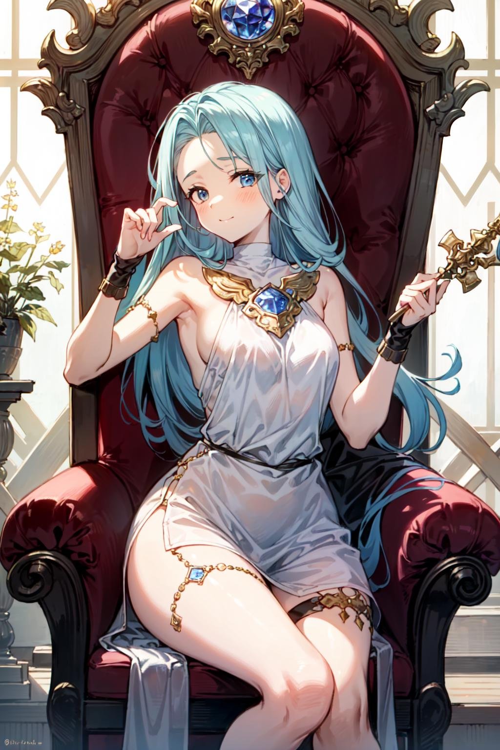 (masterpiece, best quality:1.5), <lyco:Lyria-v2-000008:1.0>, Lyria, blue hair, long hair, blue eyes, looking at viewer, The queen sits on her throne in the throne room of the castle. She has a very narrow waist, and a large breast in her chest. There is a blade in her shoulder, and it is almost as though she is about to thrust it into the stone. Jessica Frank, Dylan Cole, and Vincent van Gogh, Barret Frymire, Dan Volbert, Hieronymous Bosch, Ed Repka, Pablo Picasso, Greg Hildebrandt, Alex Horley, and Mark Brooks, with sharp focus, golden hour, dreamy ethereal lights, neo-primitivism, golden ratio, art nouveau, Bauhaus classicism, cherry blossoms, pink and gold, german romanticism, tarot, (small breasts, naughty face:1.1), 