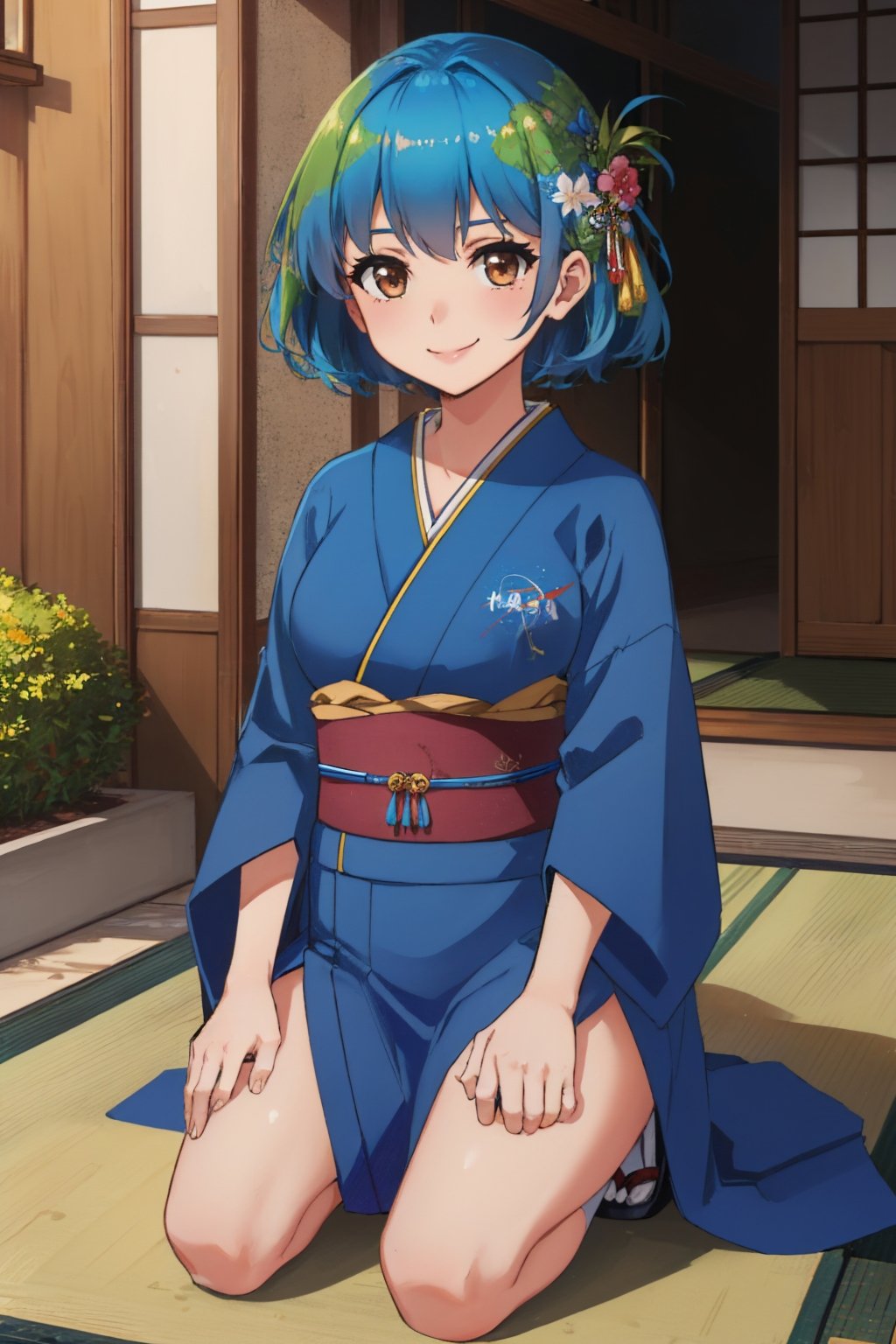 (masterpiece, best quality:1.2), solo, 1girl, earth-chan, smile, looking at viewer, seiza, japanese clothes, blue kimono <lora:gijinkaseries_earth:1.0>