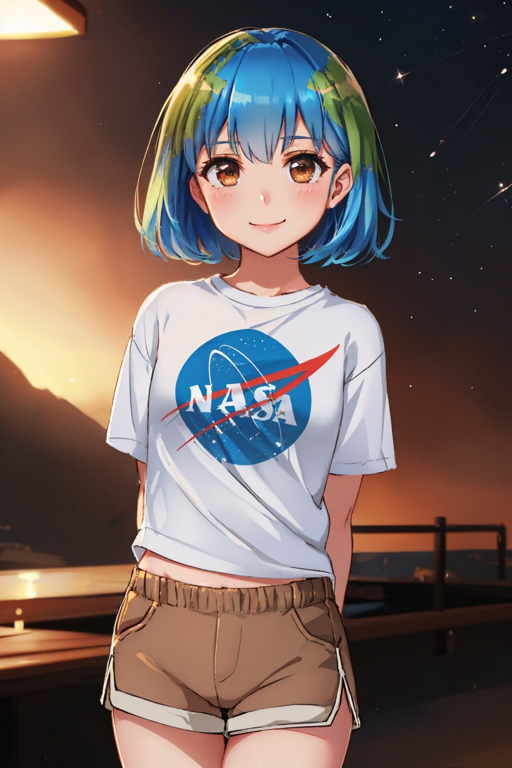 (masterpiece, best quality:1.2), solo, 1girl, earth-chan, smile, looking at viewer, arms behind back, white shirt, short sleeves, brown shorts, space <lora:gijinkaseries_earth:1.0>