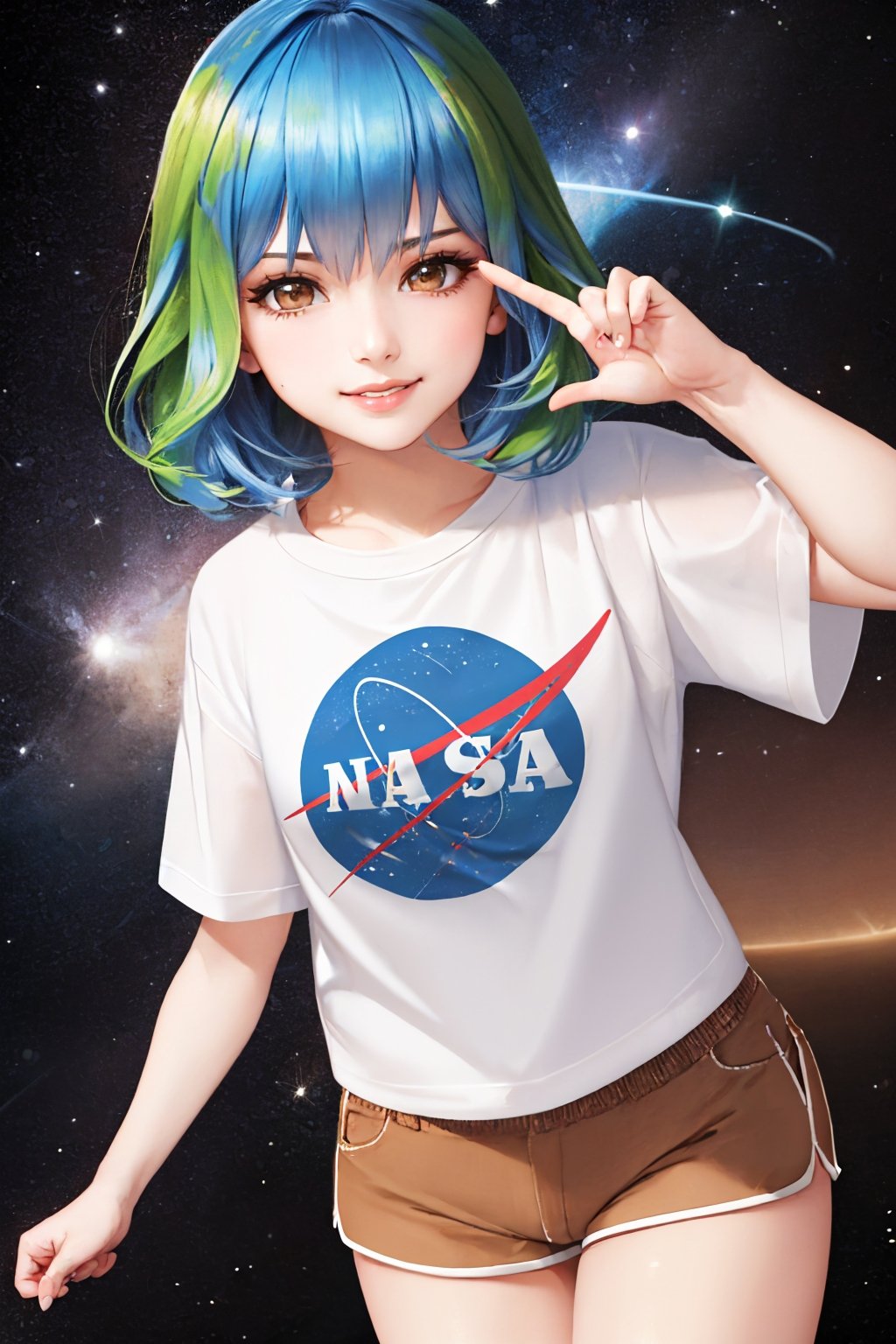 (masterpiece, best quality:1.2), solo, 1girl, earth-chan, smile, looking at viewer, white shirt, short sleeves, brown shorts, space <lora:gijinkaseries_earth:1.0>