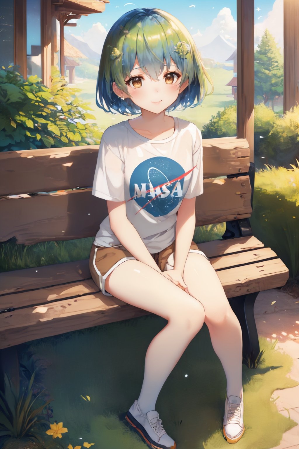 (masterpiece, best quality:1.2), solo, 1girl, earth-chan, smile, looking at viewer, sitting, bench, white shirt, short sleeves, brown shorts <lora:gijinkaseries_earth:1.0>