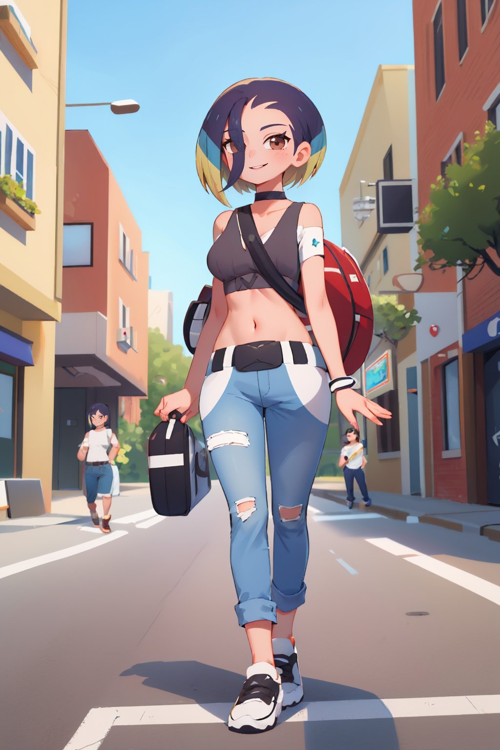 (masterpiece, best quality:1.2), solo, 1girl, perrin, smile, looking at viewer, walking, crop top, pants, choker, belt, midriff, city street <lora:pokemon_perrin-08:1>