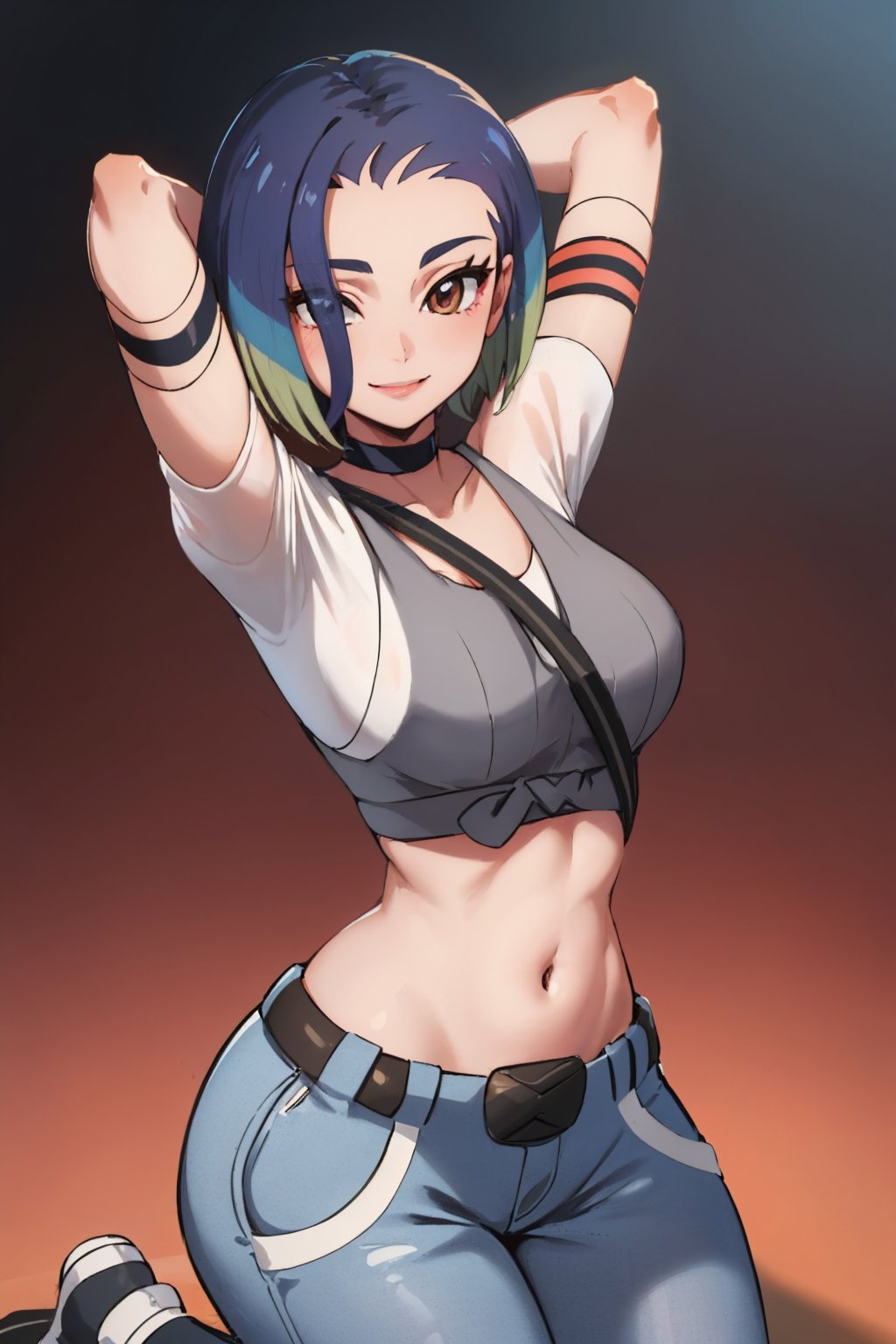 (masterpiece, best quality:1.2), solo, 1girl, perrin, smile, looking at viewer, seiza, arms behind head, crop top, pants, choker, belt, midriff <lora:pokemon_perrin-08:1>