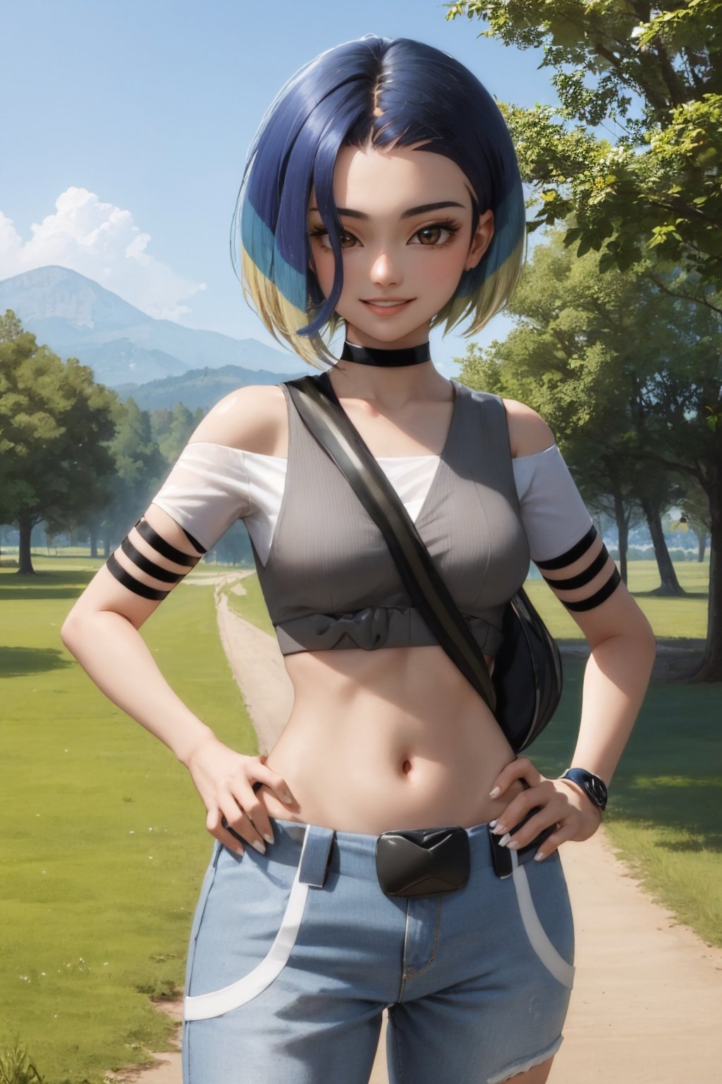 (masterpiece, best quality:1.2), cowboy shot, solo, 1girl, perrin, smile, looking at viewer, hand on hip, crop top, pants, choker, belt, midriff, outdoors <lora:pokemon_perrin-08:1>