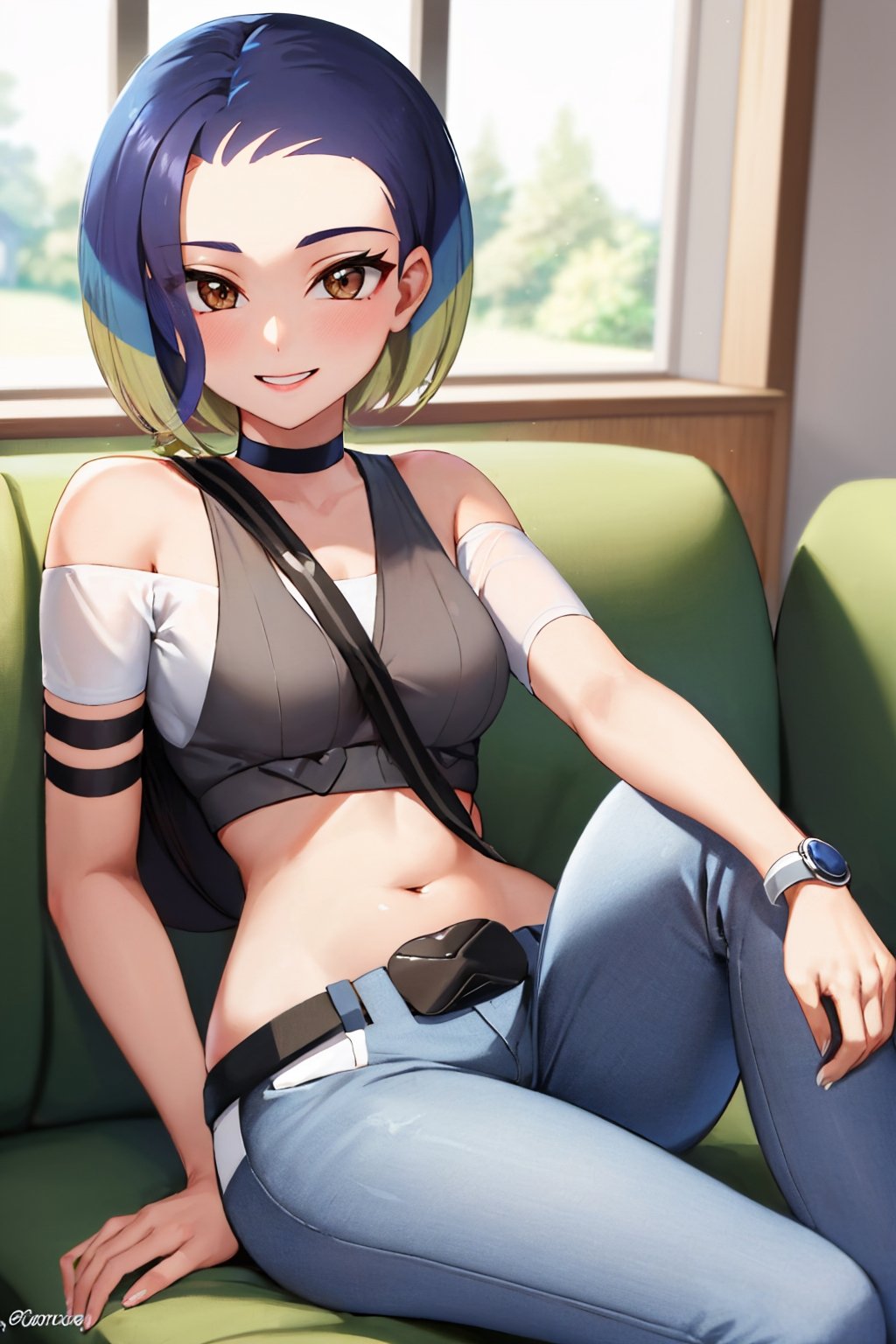 (masterpiece, best quality:1.2), solo, 1girl, perrin, smile, looking at viewer, sitting, couch, crop top, pants, choker, belt, midriff, indoors <lora:pokemon_perrin-08:1>