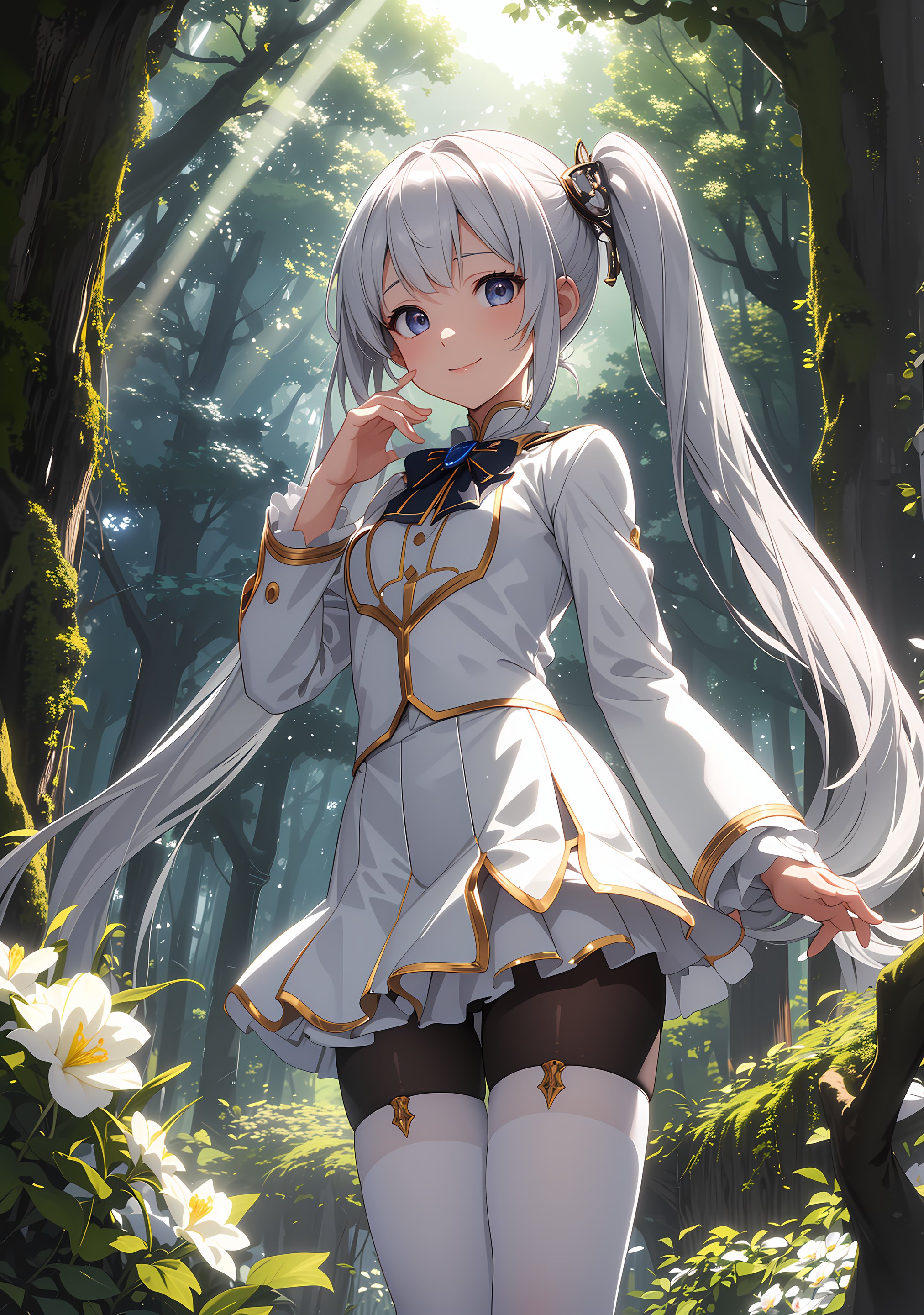 (anime), ((extremely detailed 8k illustration)), highres, (extremely detailed and beautiful), ultra detailed painting, professional illustrasion, Ultra-precise depiction, Ultra-detailed depiction, (beautiful and aesthetic:1.2), HDR, (depth of field:1.4), professional illustrasion, perfect lighting, extremely detailed and beautiful, (extremely detailed background), (beautiful detailed glow light particles), (lens flare), (bloom light), A ray of light shines on the flowers from the shade of the trees., The ancient redwood forest stood as silent witnesses, their towering trunks reaching for the heavens, (young girl), (white,military costume,tight skirt), (highly detailed beautiful face and eyes, silver hair:1.5, twin tail:1.1, floating hair), (white tights up to the thighs), small stature, (small breasts), shiny skin, cute, smile, zettai ryouiki, 