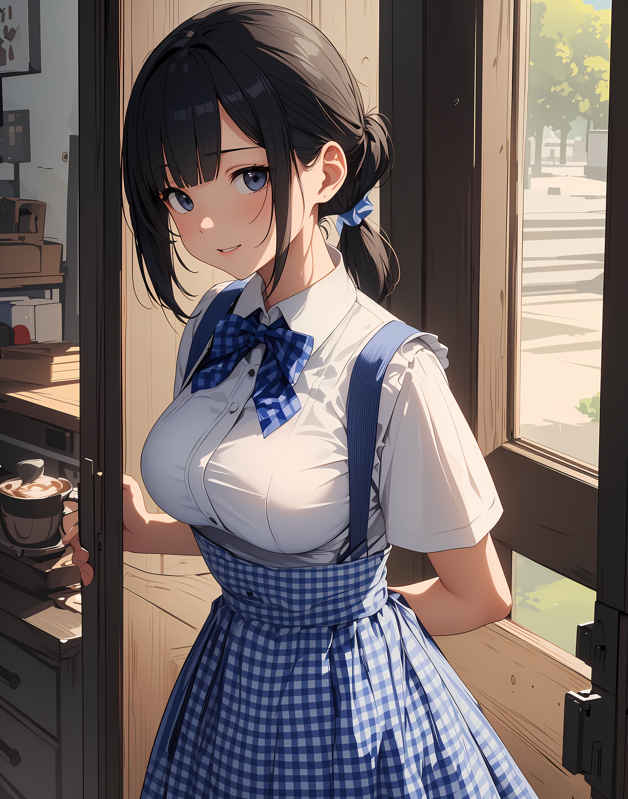 (anime), ((extremely detailed 8k illustration)), highres, (extremely detailed and beautiful), ultra detailed painting, professional illustrasion, Ultra-precise depiction, Ultra-detailed depiction, (beautiful and aesthetic:1.2), HDR, (depth of field:1.4), professional illustrasion, A coffee shop in the cooler fall weather., Today, too, I enter the store in search of my morning cup of coffee., A girl in a uniform welcomes me again today., (girl), (teenage), (highly detailed beautiful face and eyes,big breasts firm breasts), oily skin, ((black hair,black eyes,short bob with short pony tail hair)), thin pubic hair, cute, lovely, 14 years old, (kobeya uniform:1.3), (gingham-check suspender-apron:1.3), (solid-blue high-waist skirt:1.3), (apron over skirt:1.2), (white blouse:1.3), (double-breasted,underbust:1.2), short sleeves, button gap, (solid-blue bow-tie:1.2), smile, looking at viewer, 