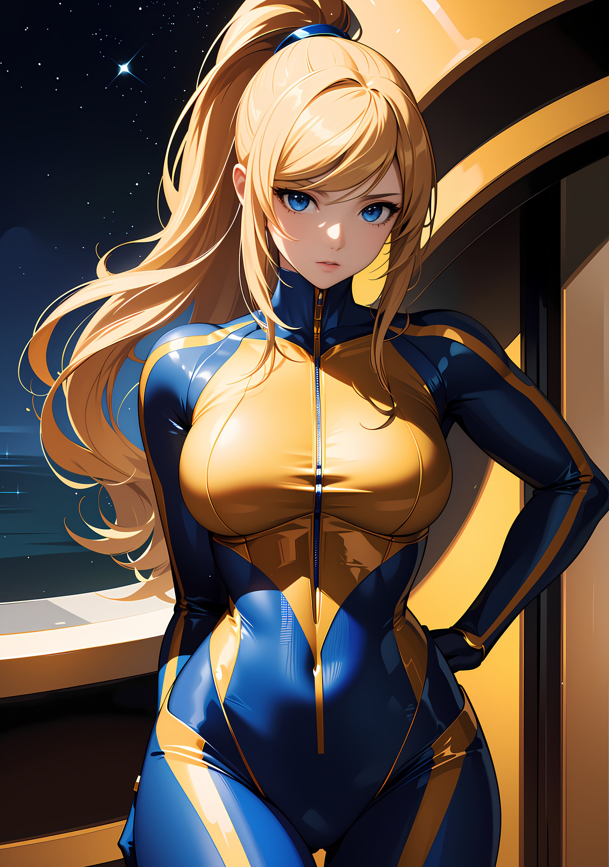 (anime,masterpiece, top quality, best quality,beautiful and aesthetic:1.2,professional illustrasion:1.1,ultra detail:1.3, official art, professional illustrasion, Ultra-detailed depiction, Ultra-precise depiction, extremely detailed 8k illustration, highres, ultra detailed painting, soft shadows), (girl), samus aran \(cosplay\), cool beauty, milf, glossy, (golden long hair), (ponytail), big breasts, perfect body, pubic hair, blue samus aran suit,