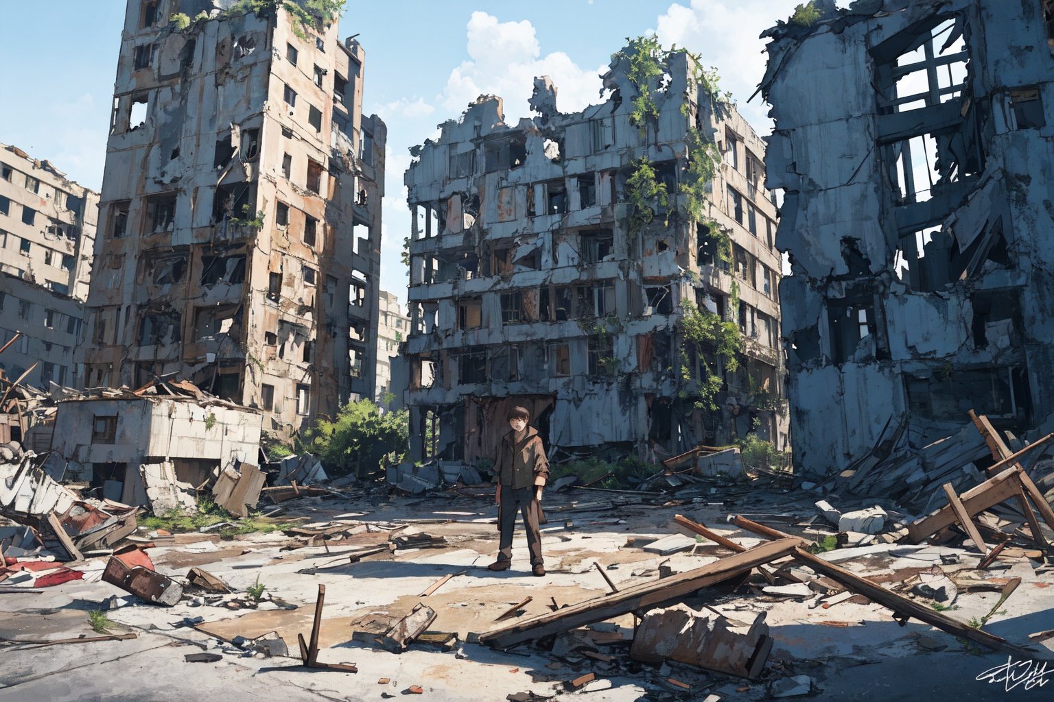 absurdres,incredibly absurdres,reality,realistic,Postwar ruins,1boy,solo,full_shot,looking_at_hands,