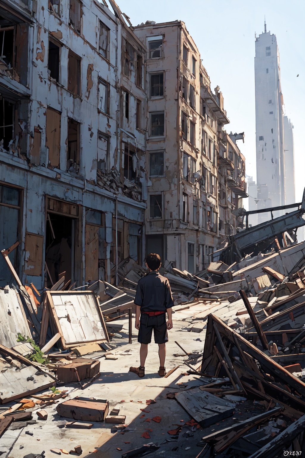 absurdres,incredibly absurdres,reality,realistic,Postwar ruins,1boy,solo,full_shot,looking_at_hands,