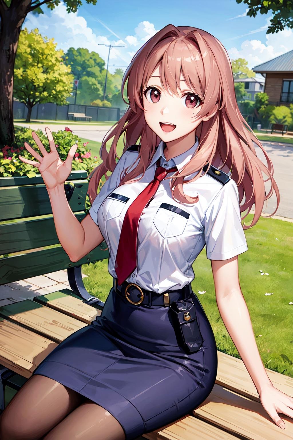 masterpiece, best quality, highres, kh1, red necktie, police uniform, pencil skirt, pantyhose, short sleeves, white shirt, belt, <lora:koumi_haruka_v1:0.7>, cowboy shot, outdoors, sitting, bench, smile, waving, open mouth, 