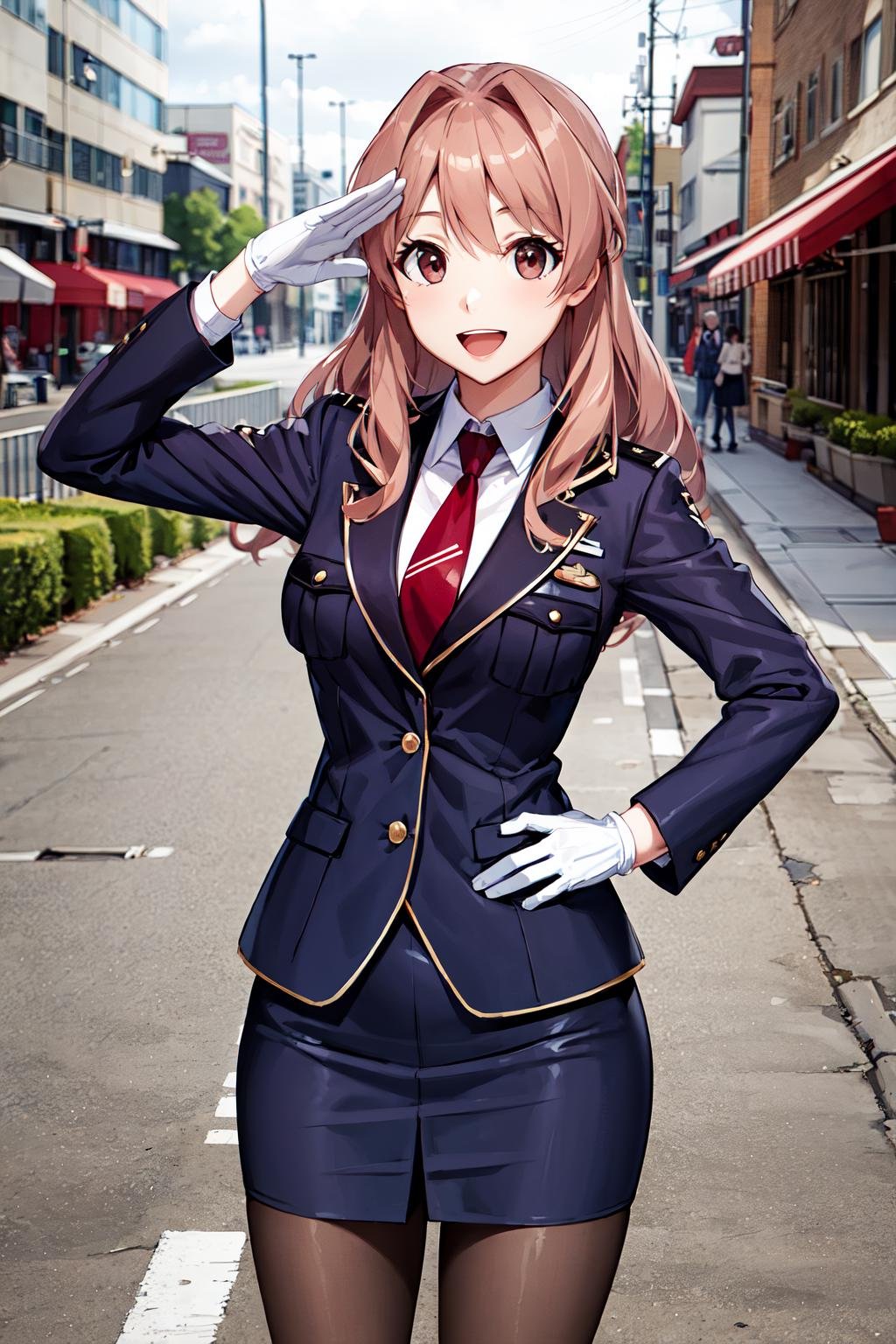 masterpiece, best quality, highres, kh1, red necktie, police uniform, pencil skirt, pantyhose, long sleeves, white gloves, <lora:koumi_haruka_v1:0.7>, cowboy shot, street, salute, hand on hip, smile, open mouth,