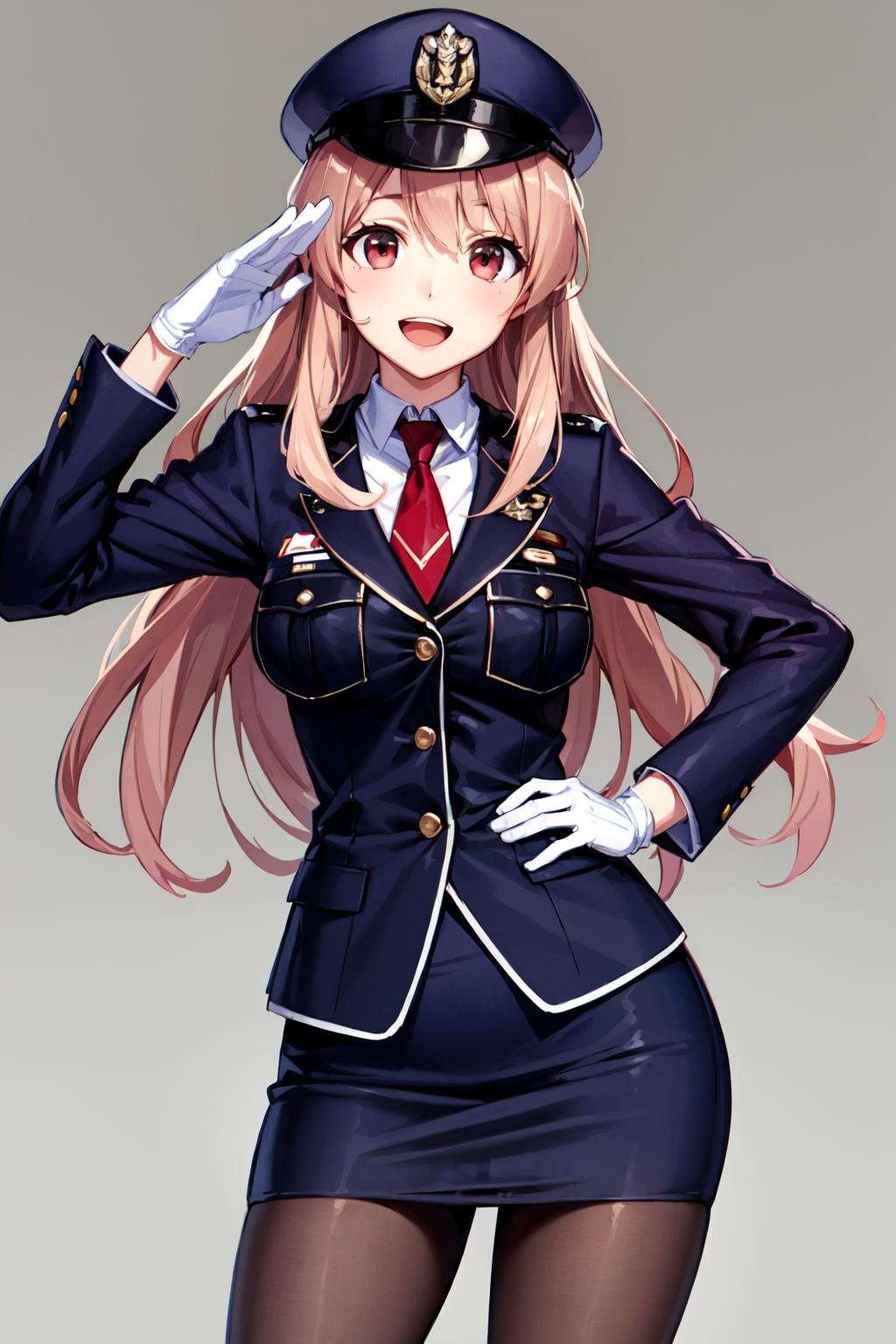 masterpiece, best quality, highres, kh1, red necktie, police uniform, pencil skirt, pantyhose, long sleeves, white gloves, hat, <lora:koumi_haruka_v1:0.7>, cowboy shot, salute, hand on hip, smile, open mouth, simple background, 