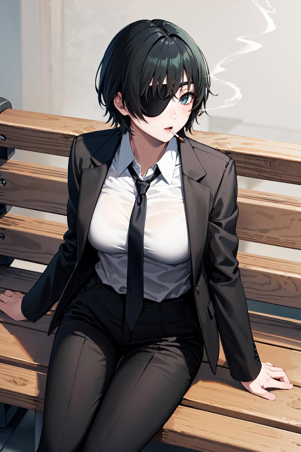 masterpiece, best quality, highres, hmn1, eyepatch, breasts, necktie, collared shirt, black jacket, black pants, <lora:himeno_(chainsaw_man)_v1:0.7>, bench, smoking, sitting