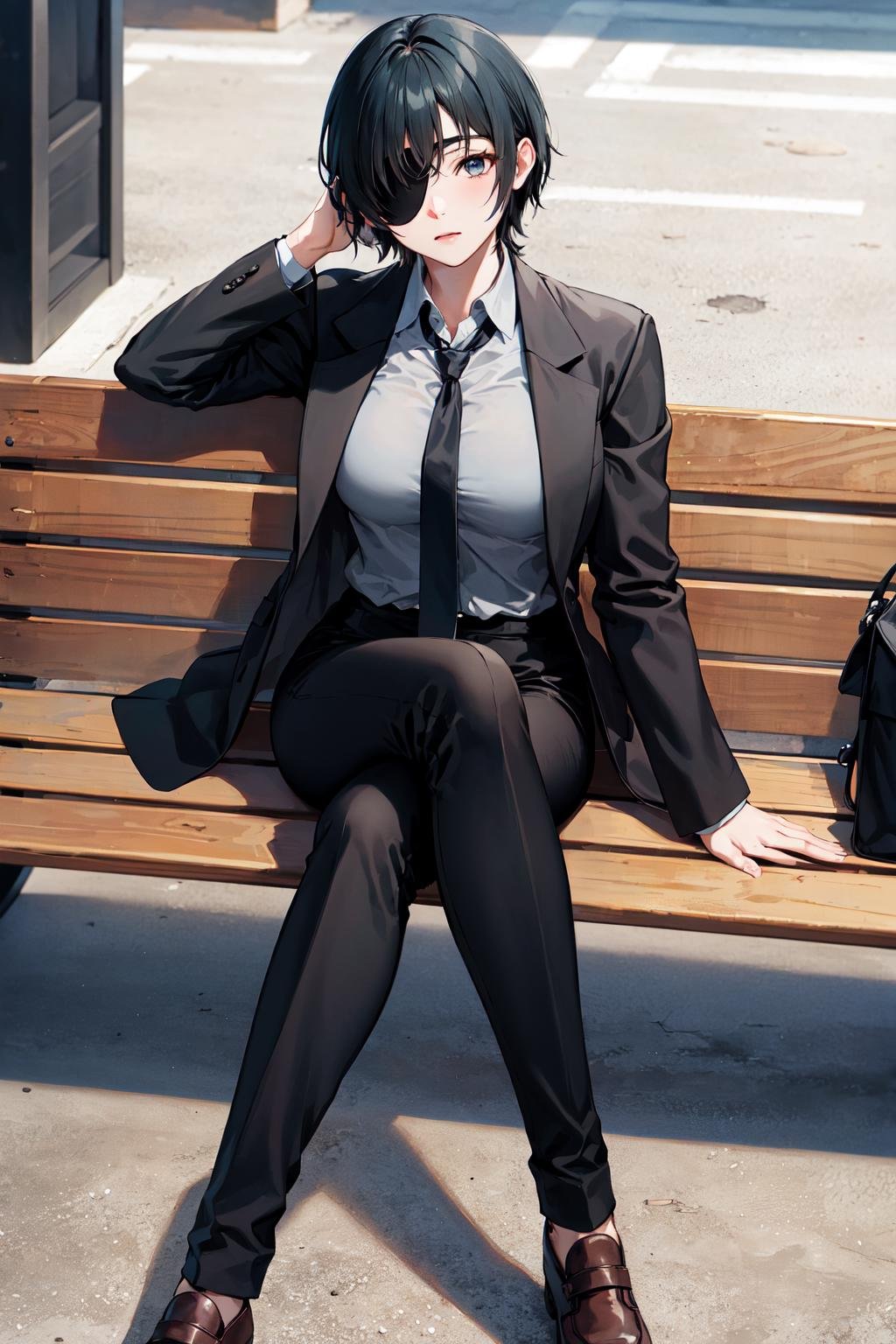 masterpiece, best quality, highres, hmn1, eyepatch, breasts, necktie, collared shirt, black jacket, black pants, <lora:himeno_(chainsaw_man)_v1:0.7>, bench, crossed legs, sitting