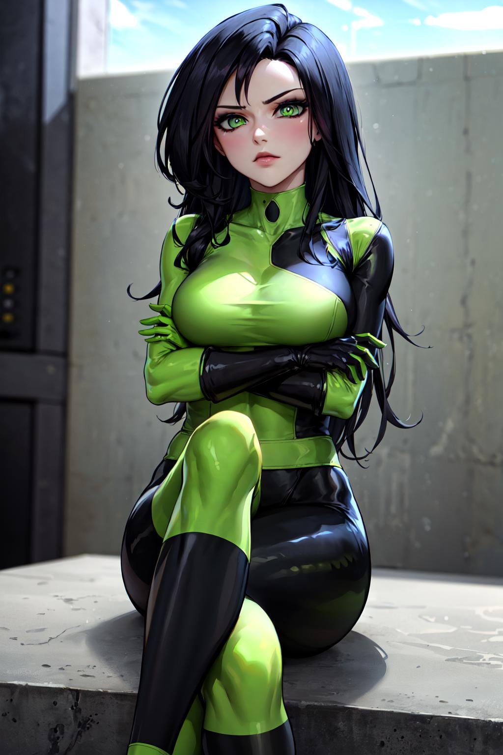 masterpiece, best quality, highres, sh1, green eyes, gloves, multicolored bodysuit, makeup, <lora:shego_v10:0.7>, sitting, crossed legs, crossed arms, 