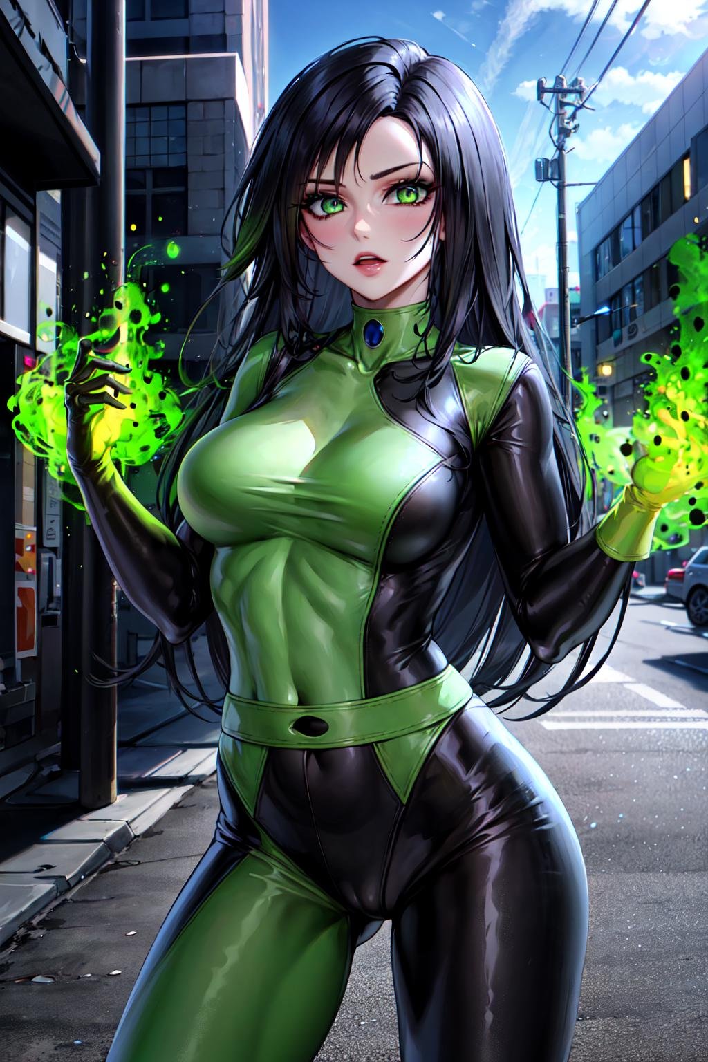 masterpiece, best quality, highres, sh1, green eyes, gloves, multicolored bodysuit, makeup, <lora:shego_v10:0.7>, cowboy shot, magic, hands up, standing, outdoors, street, green fire,